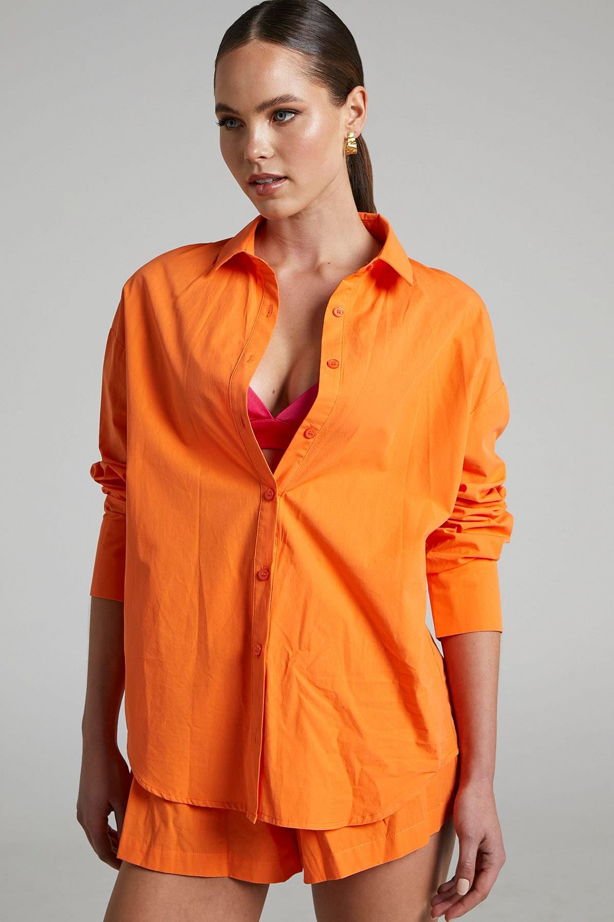 Turuncu Oversize Basic Kadın Gömlek MG1794