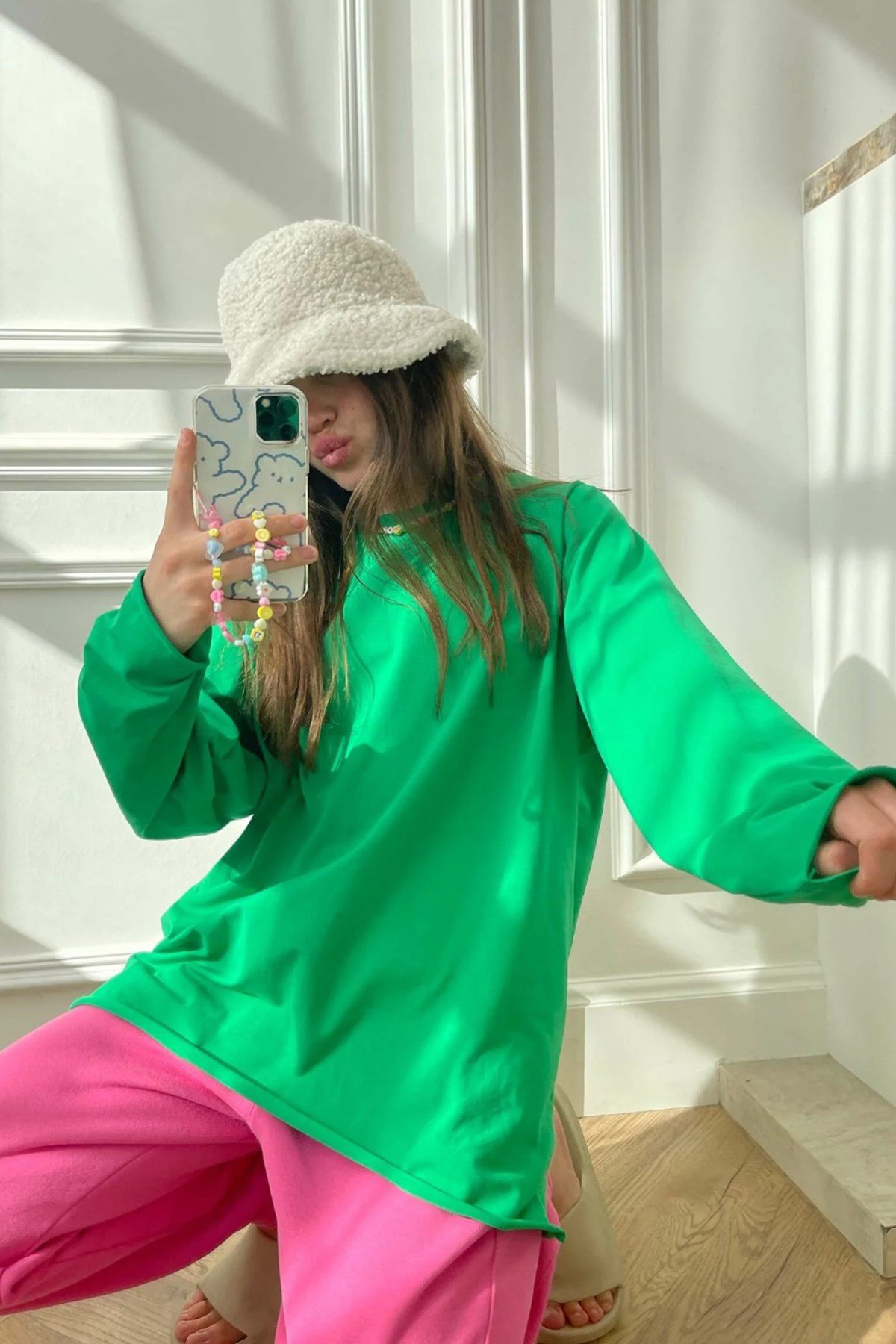 Yeşil Basic Bisiklet Yaka Kadın Sweatshirt MG1676