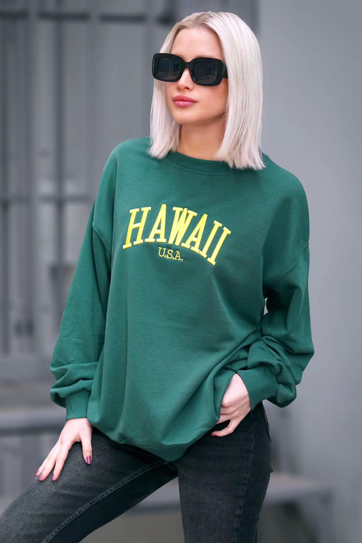 Yeşil Bisiklet Yaka Baskılı Sweatshirt MG1922