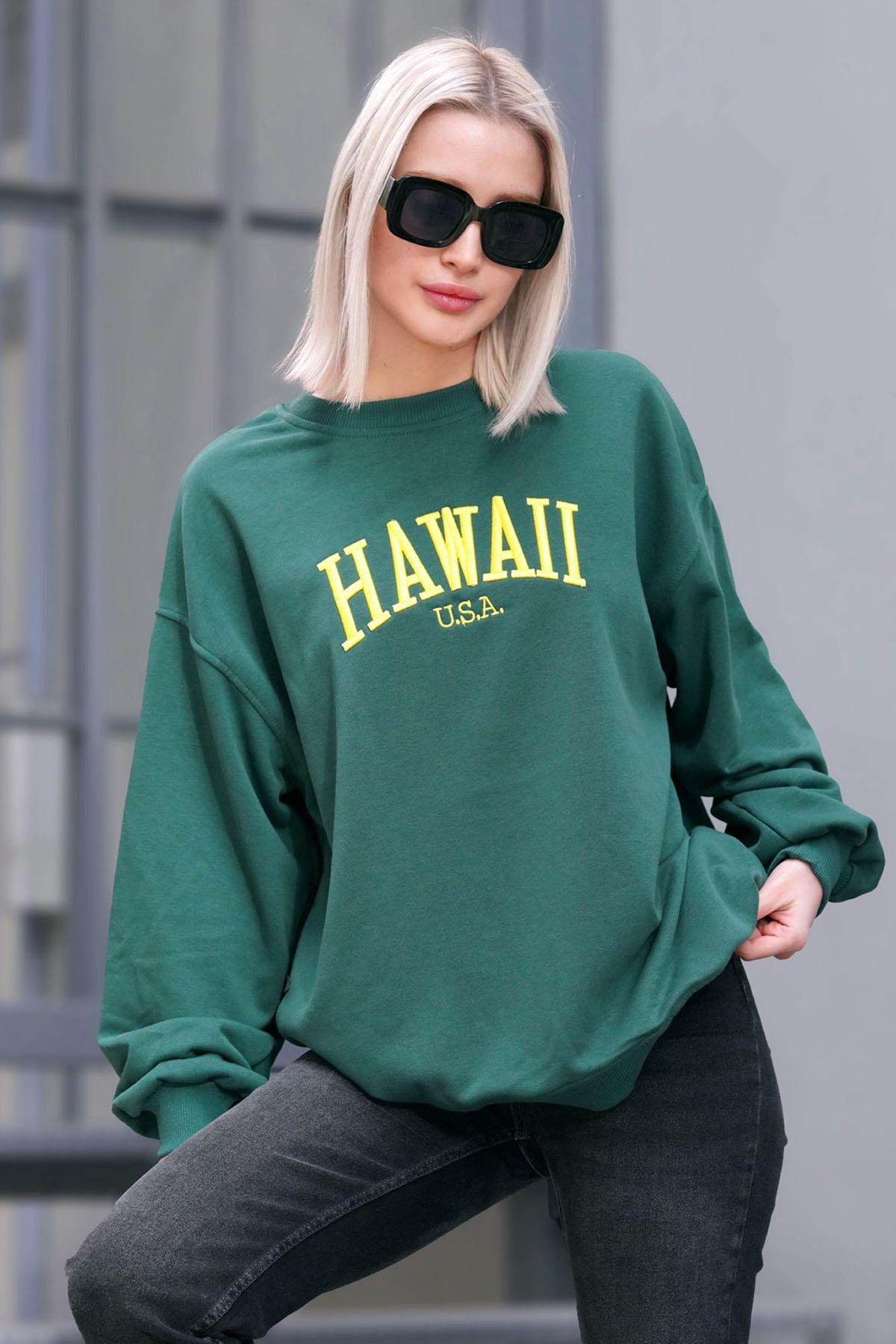 Yeşil Bisiklet Yaka Baskılı Sweatshirt MG1922