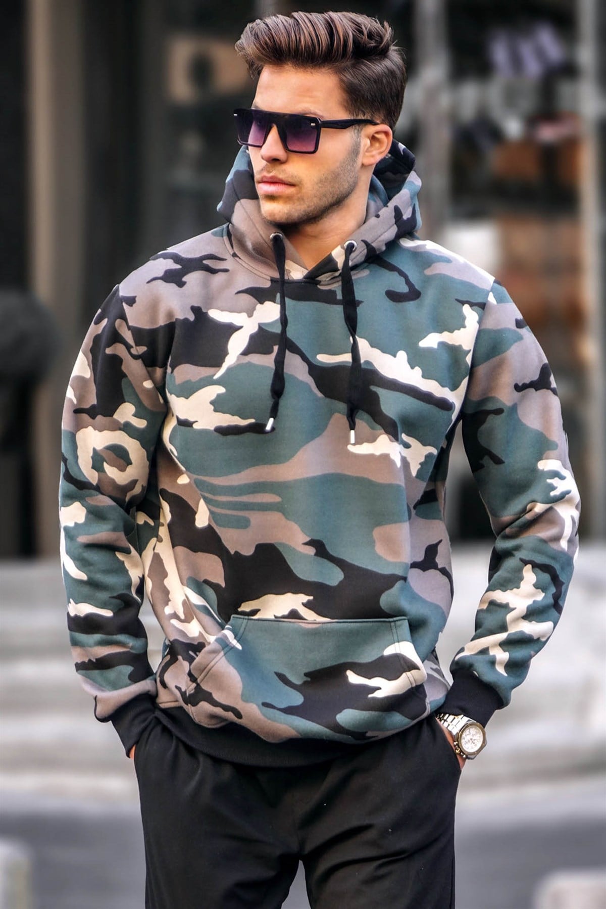 Yeşil Kamuflaj Kapüşonlu Erkek Sweatshirt 5339