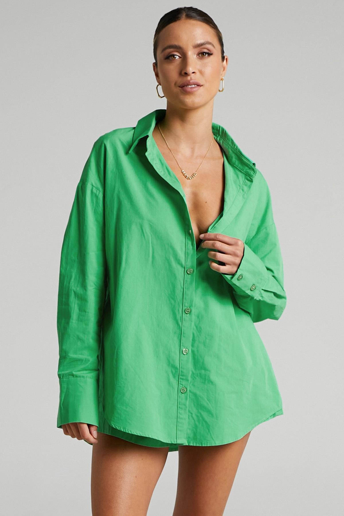 Yeşil Oversize Basic Kadın Gömlek MG1794