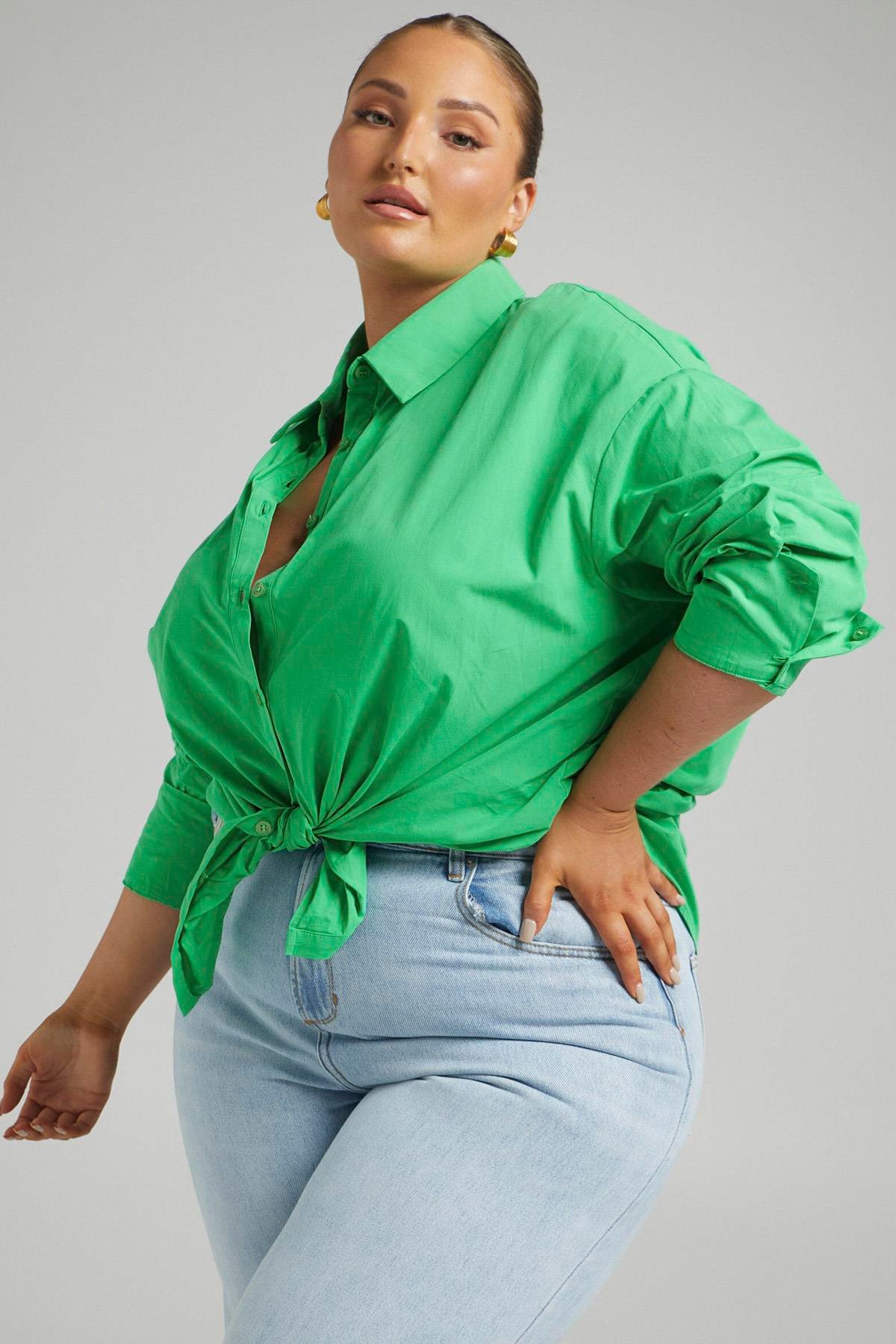 Yeşil Oversize Basic Kadın Gömlek MG1794