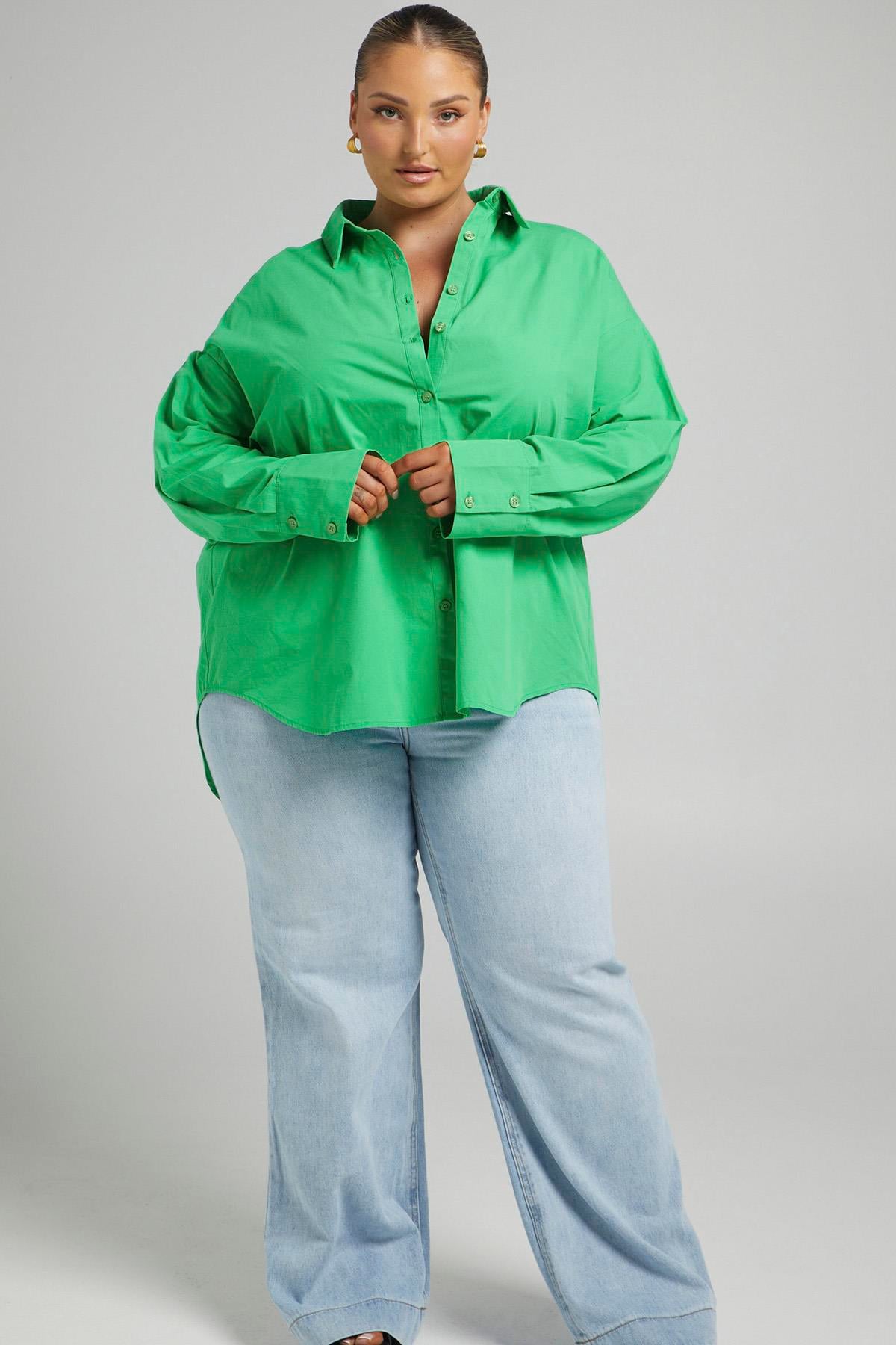 Yeşil Oversize Basic Kadın Gömlek MG1794