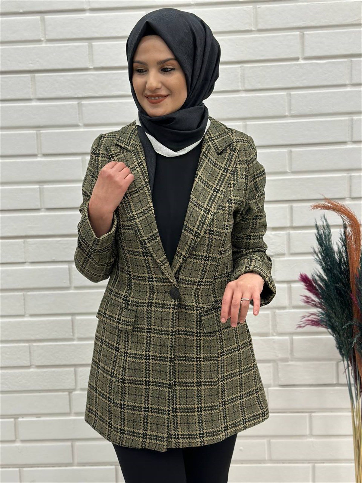 Haki Yeşili  Ekose Desen Kadın Blazer Ceket 4668 