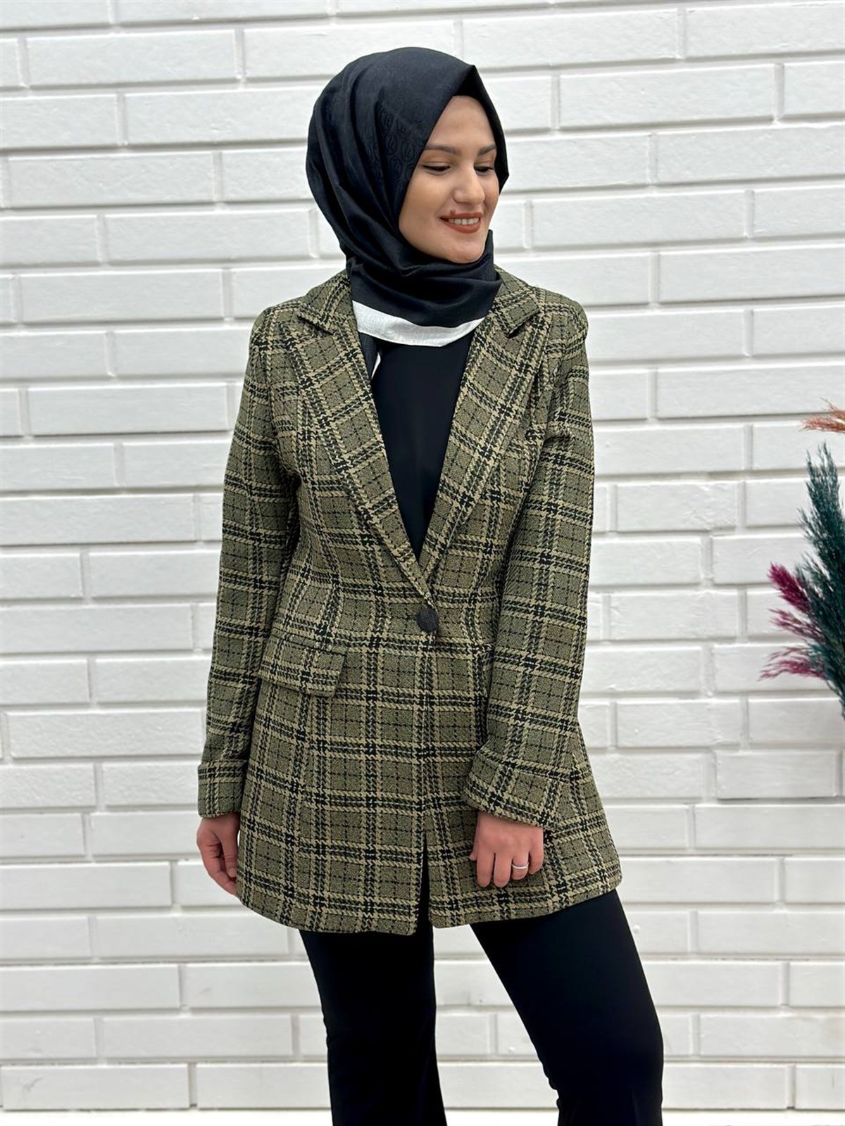 Haki Yeşili  Ekose Desen Kadın Blazer Ceket 4668 
