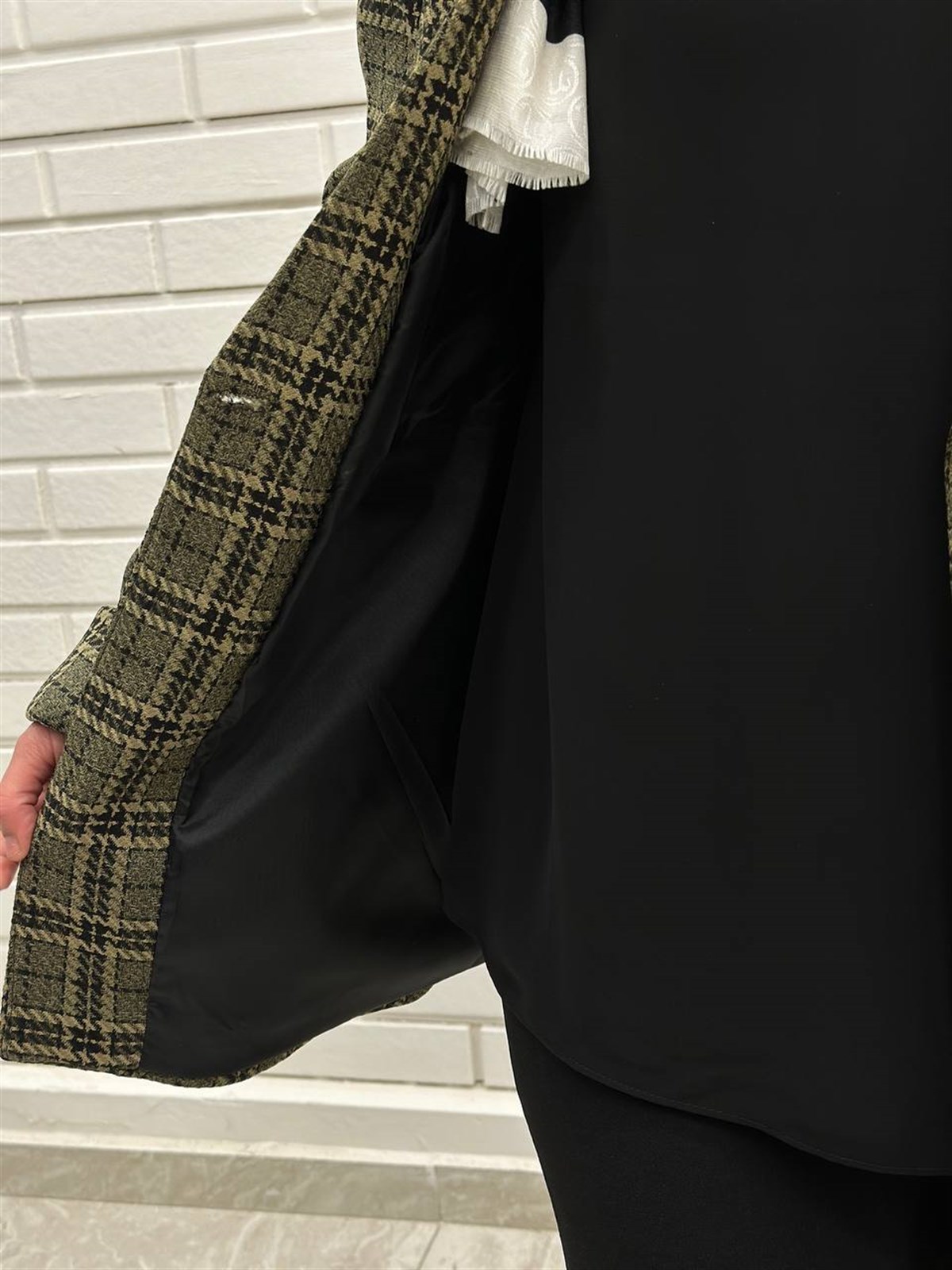 Haki Yeşili  Ekose Desen Kadın Blazer Ceket 4668 