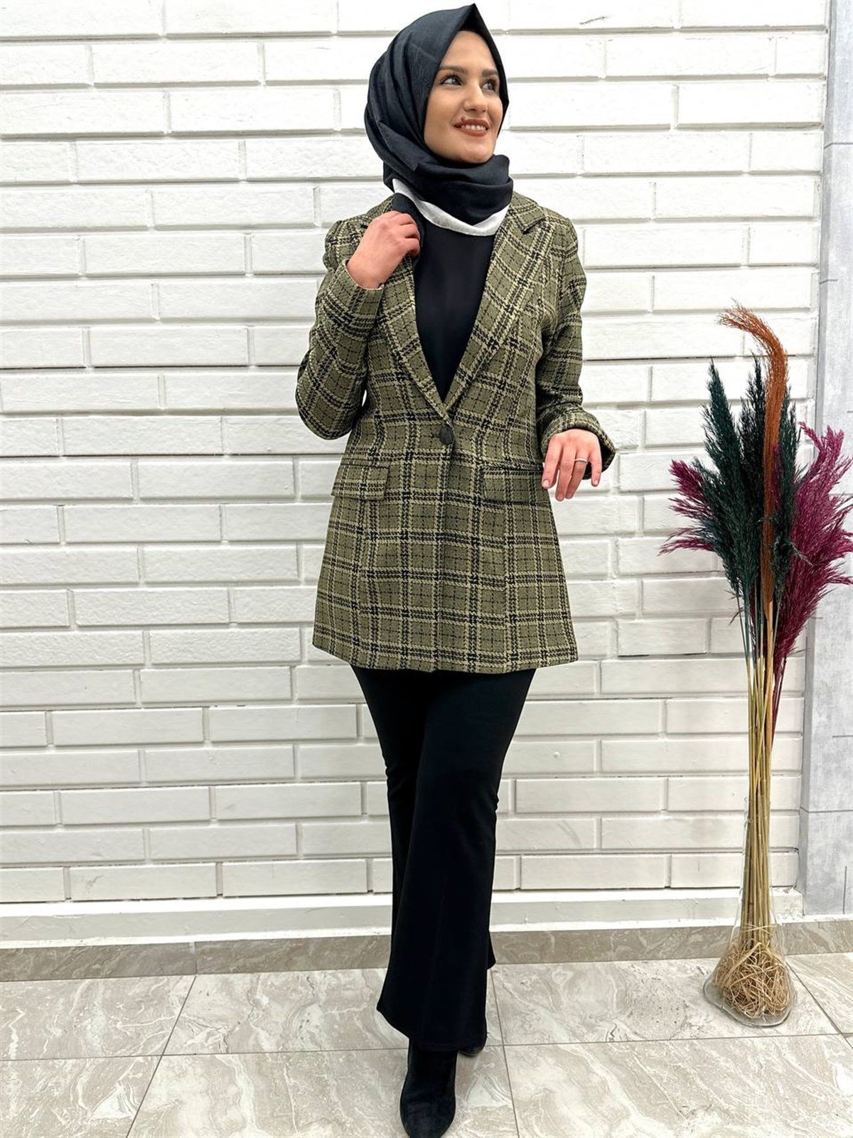Haki Yeşili  Ekose Desen Kadın Blazer Ceket 4668 