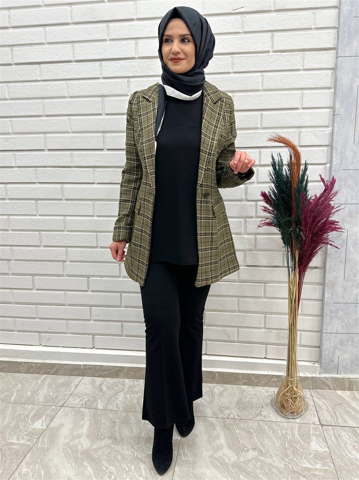 Haki Yeşili  Ekose Desen Kadın Blazer Ceket 4668 