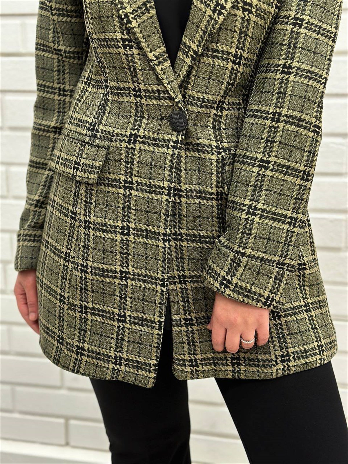 Haki Yeşili  Ekose Desen Kadın Blazer Ceket 4668 