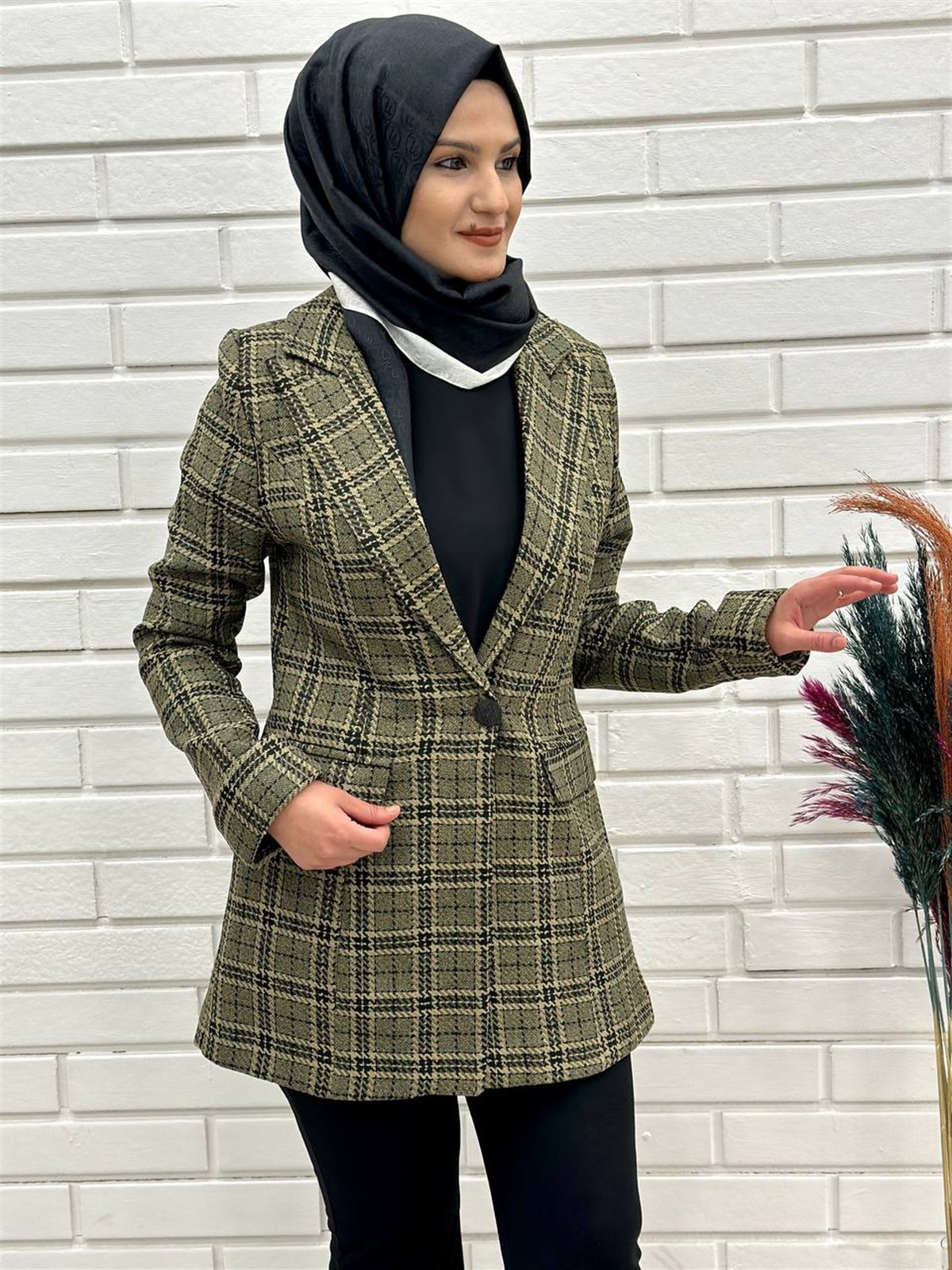 Haki Yeşili  Ekose Desen Kadın Blazer Ceket 4668 