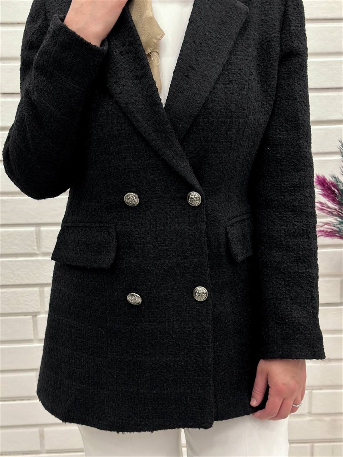 Siyah Bayan  Blazer Ceket, Kruvaze Kapama Ceket, 4664