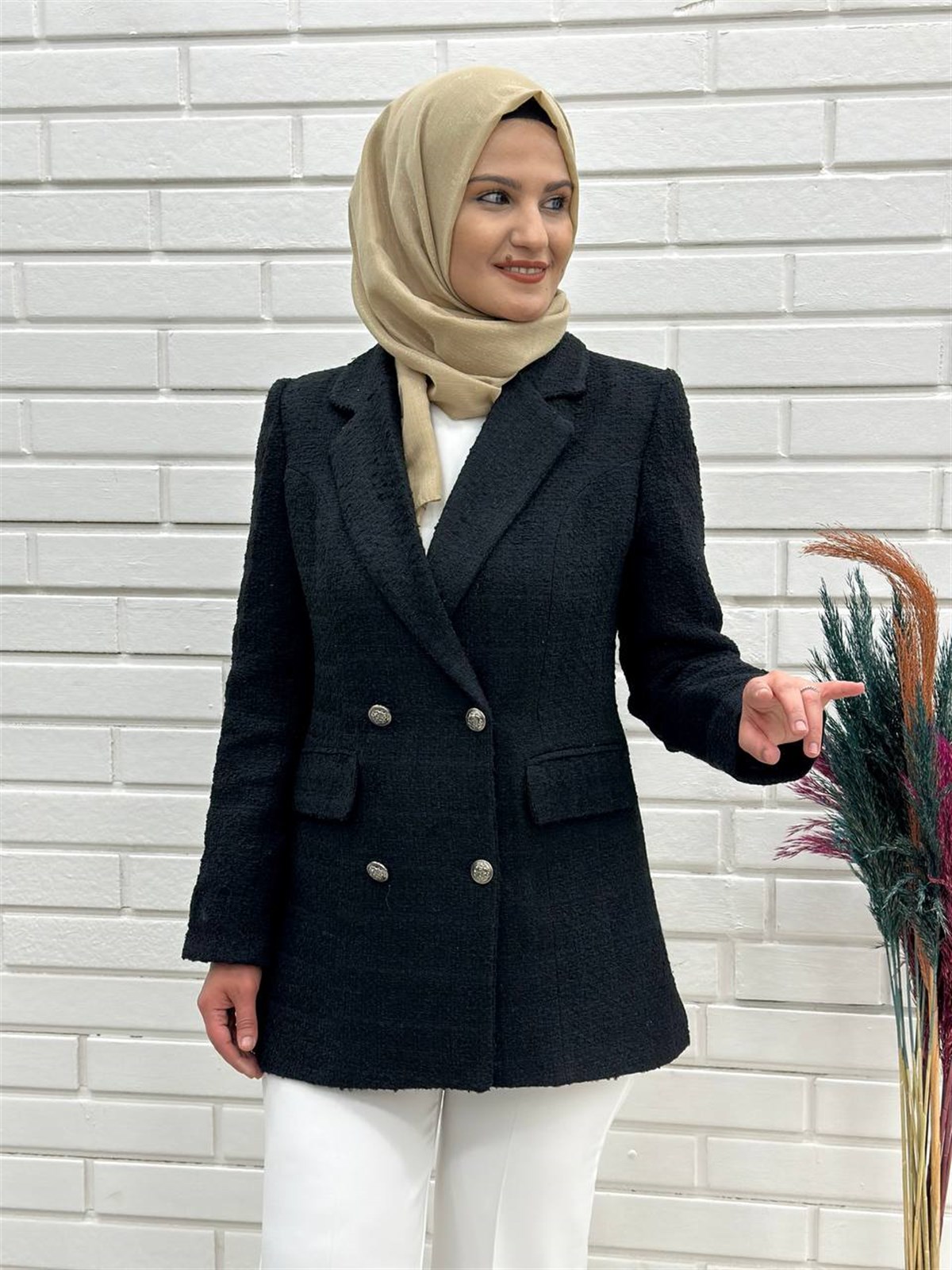 Siyah Bayan  Blazer Ceket, Kruvaze Kapama Ceket, 4664