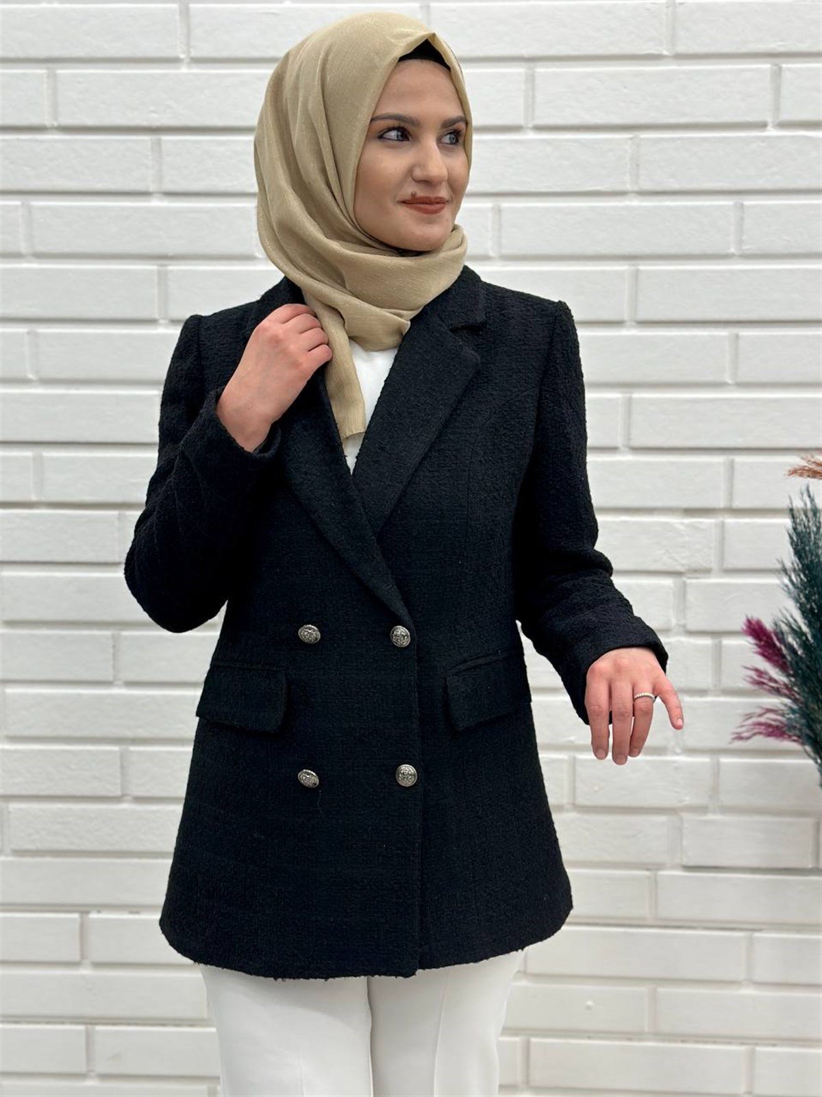 Siyah Bayan  Blazer Ceket, Kruvaze Kapama Ceket, 4664