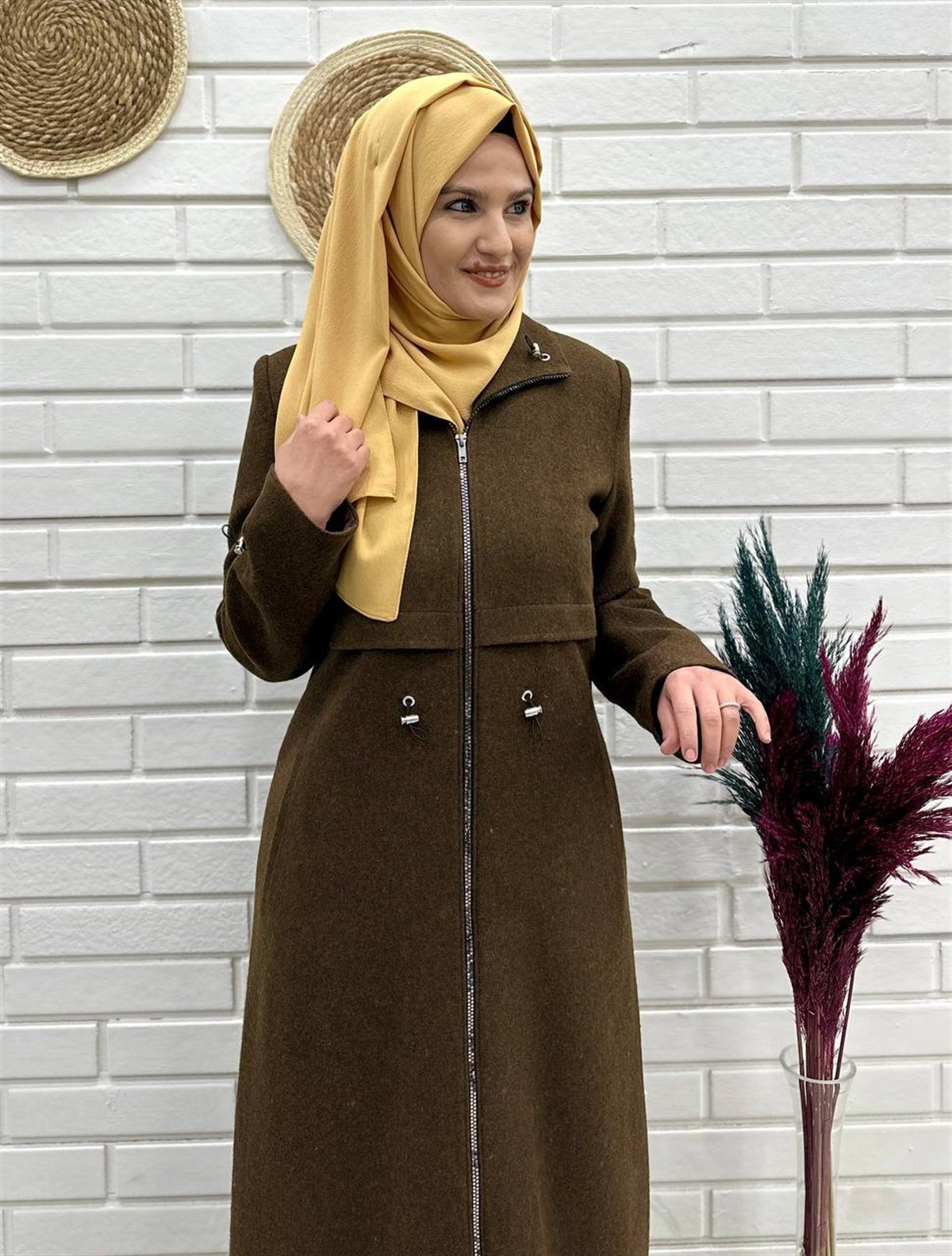 Günay Karaca Kışlık  Yünlü Kaşe Kumaş Bayan Pardesü, Tesettür Kışlık Pardesü  4046-1