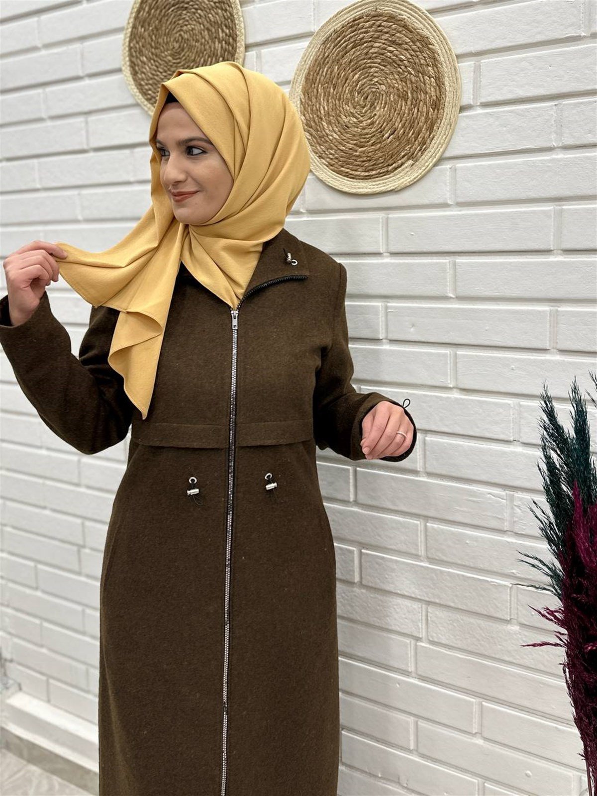 Günay Karaca Kışlık  Yünlü Kaşe Kumaş Bayan Pardesü, Tesettür Kışlık Pardesü  4046-1