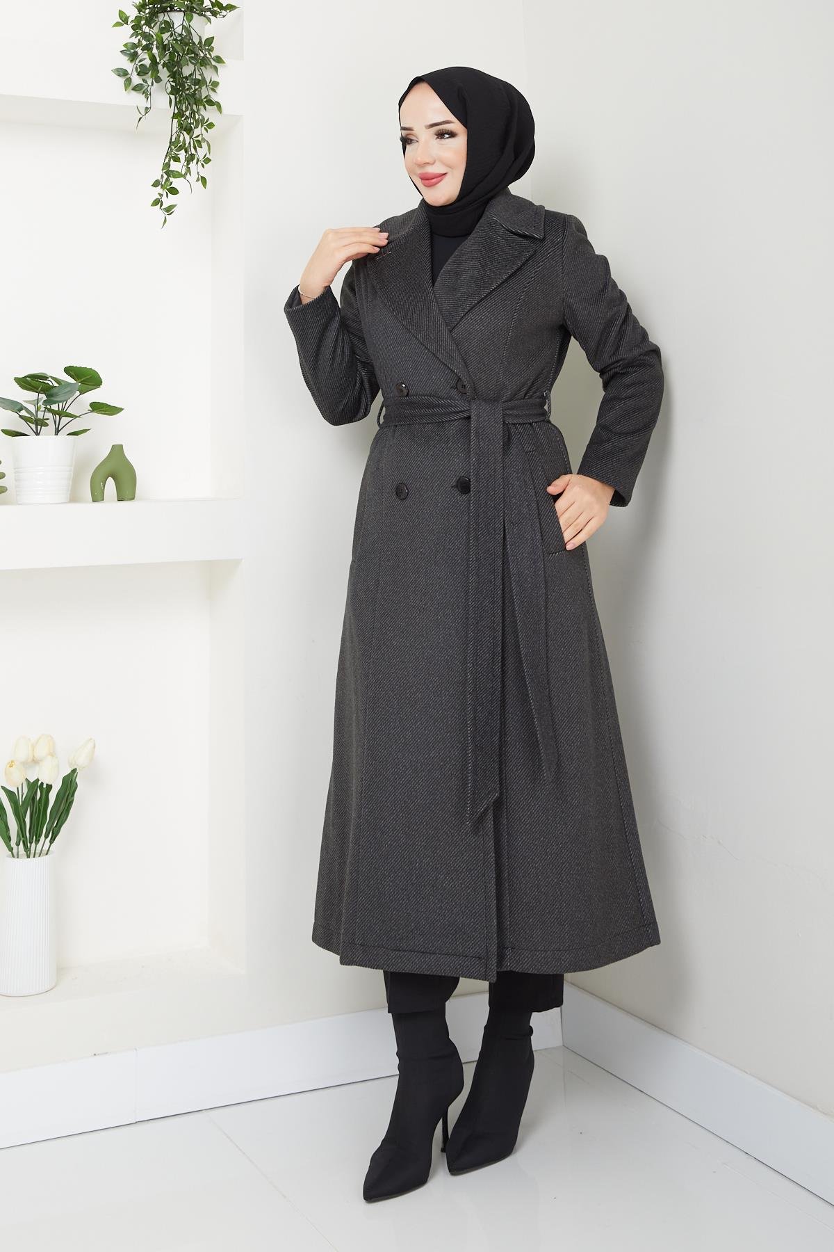 Doque Kışlık Kadın Kaşe Kaban Çift Düğme Spor Model 125cm Araboy 57022