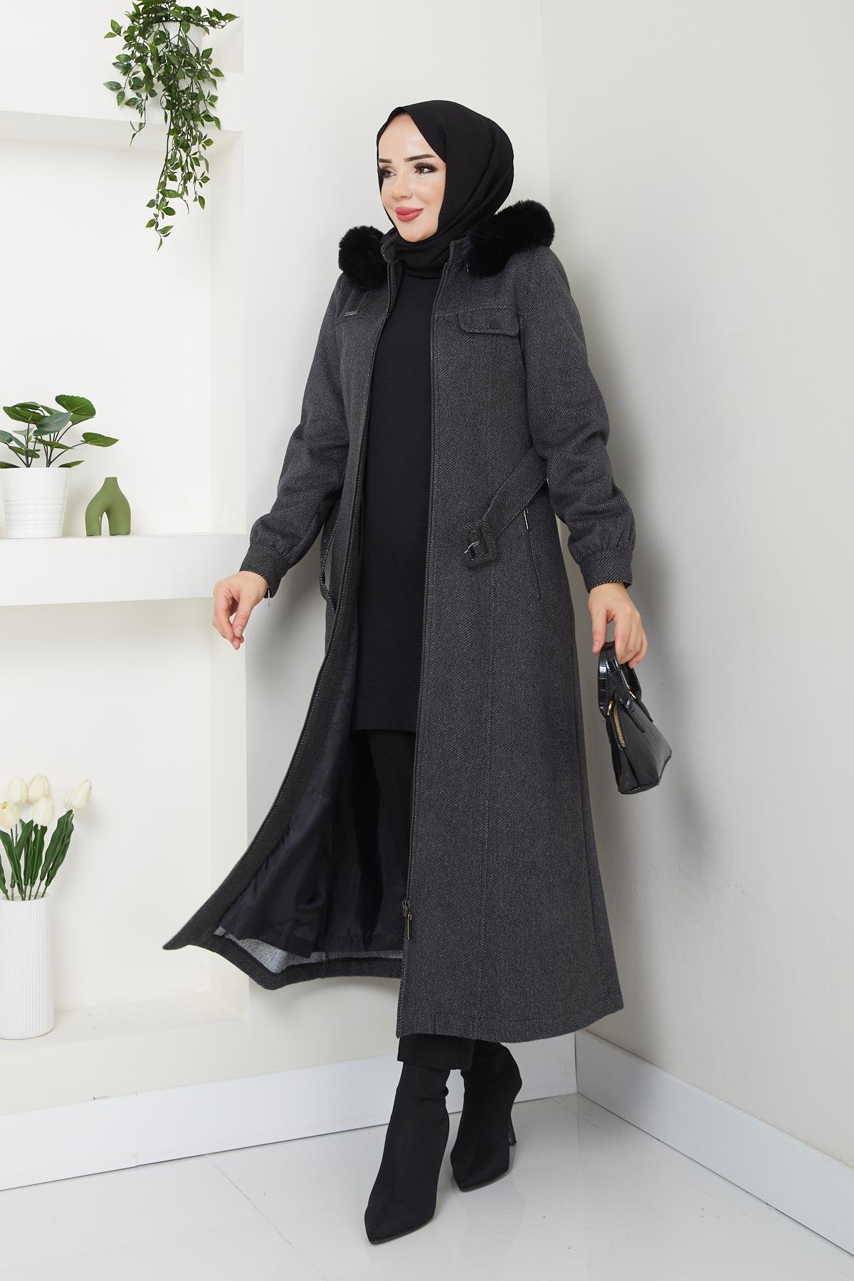 Doque Kışlık Kadın Kaşe Kaban Fermuarlı Spor Model Kapüşonlu Araboy 57038