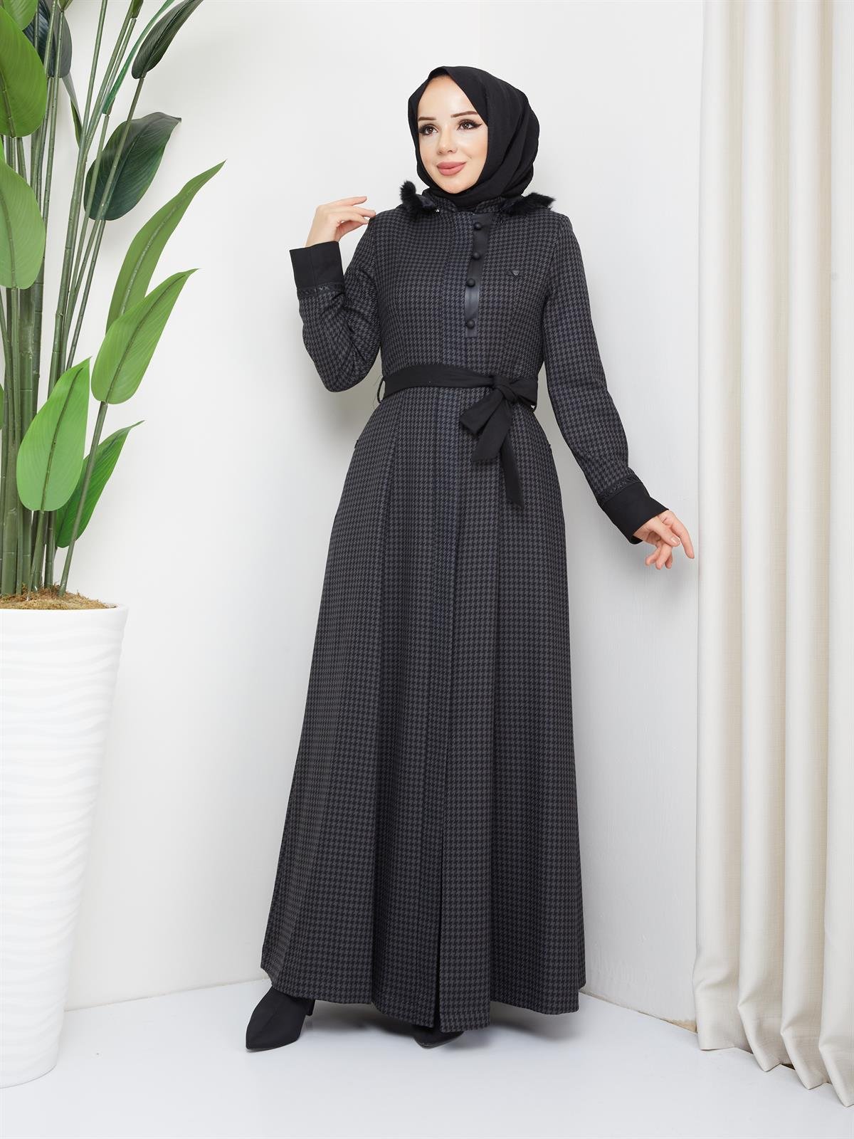 Doque Mevsimlik Kışlık Tam Boy Kazayağı Desen Kadın Mevlana Model Pardesü 55031
