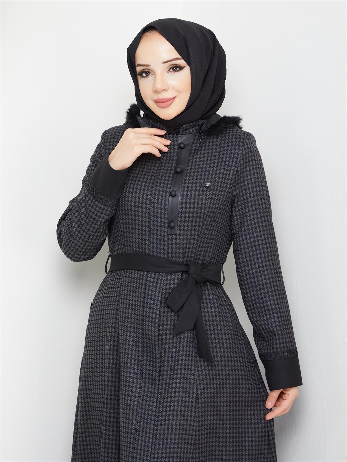 Doque Mevsimlik Kışlık Tam Boy Kazayağı Desen Kadın Mevlana Model Pardesü 55031