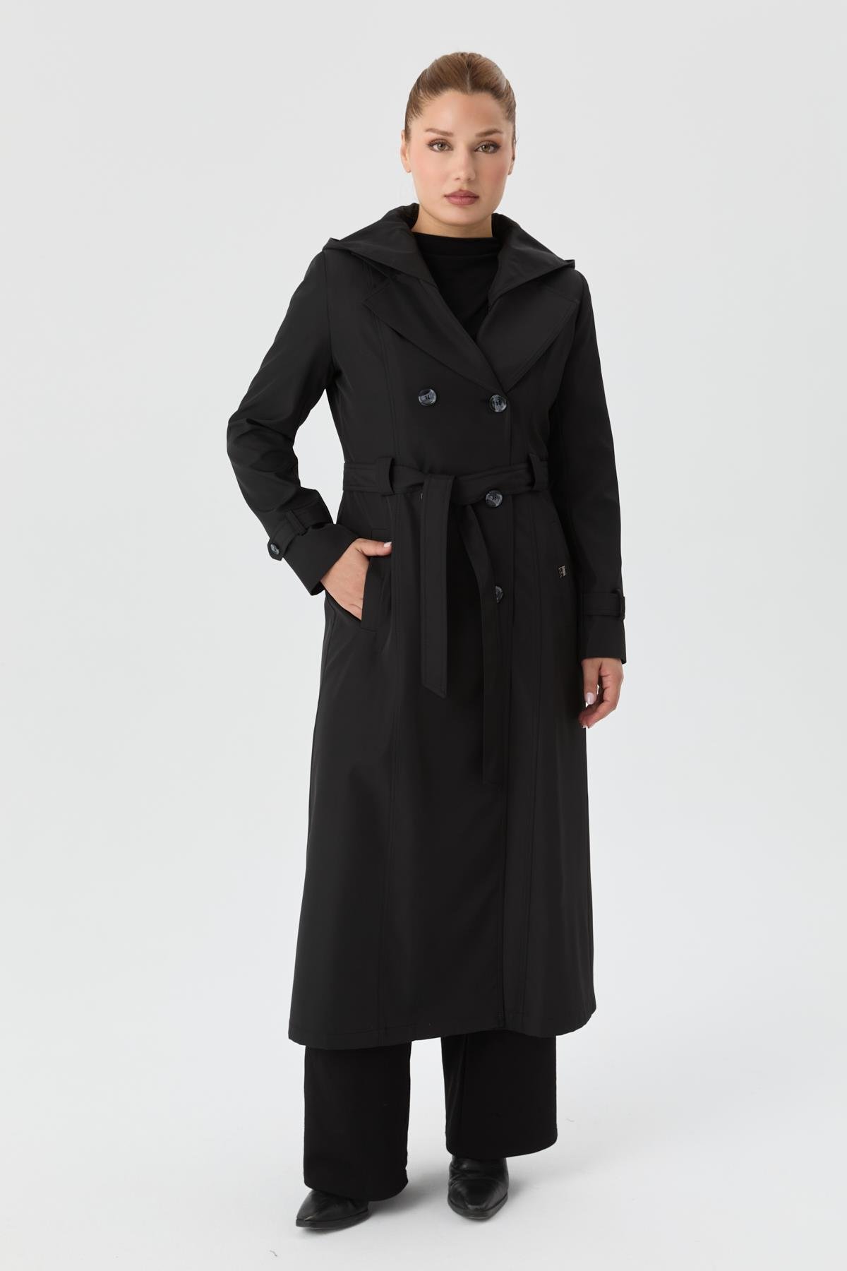 Doque Kadın Trençkot Çift Düğme İçi Kürkü Astarlı Mevsimlik Kışlık Genç Spor Siyah 60040