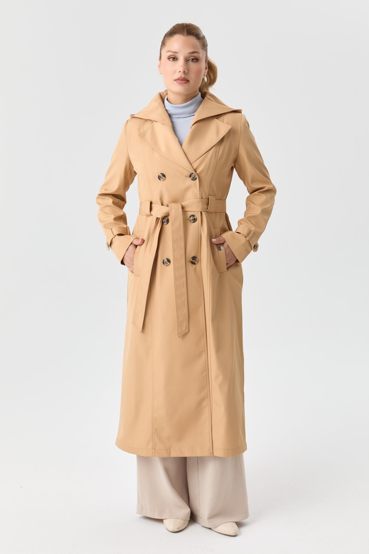 Doque Kadın Trençkot Çift Düğme İçi Kürkü Astarlı Mevsimlik Kışlık  Genç Spor Bej Taş  60040