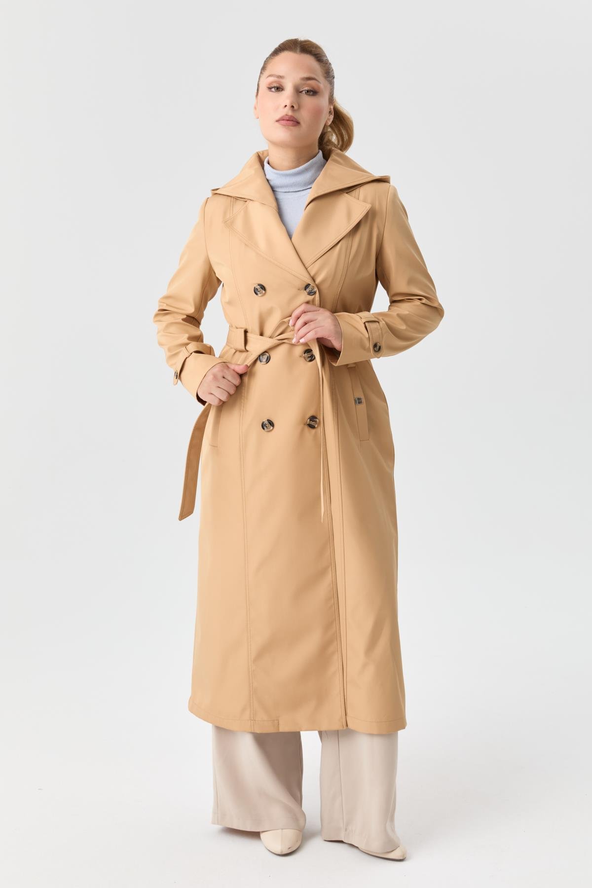 Doque Kadın Trençkot Çift Düğme İçi Kürkü Astarlı Mevsimlik Kışlık  Genç Spor Bej Taş  60040