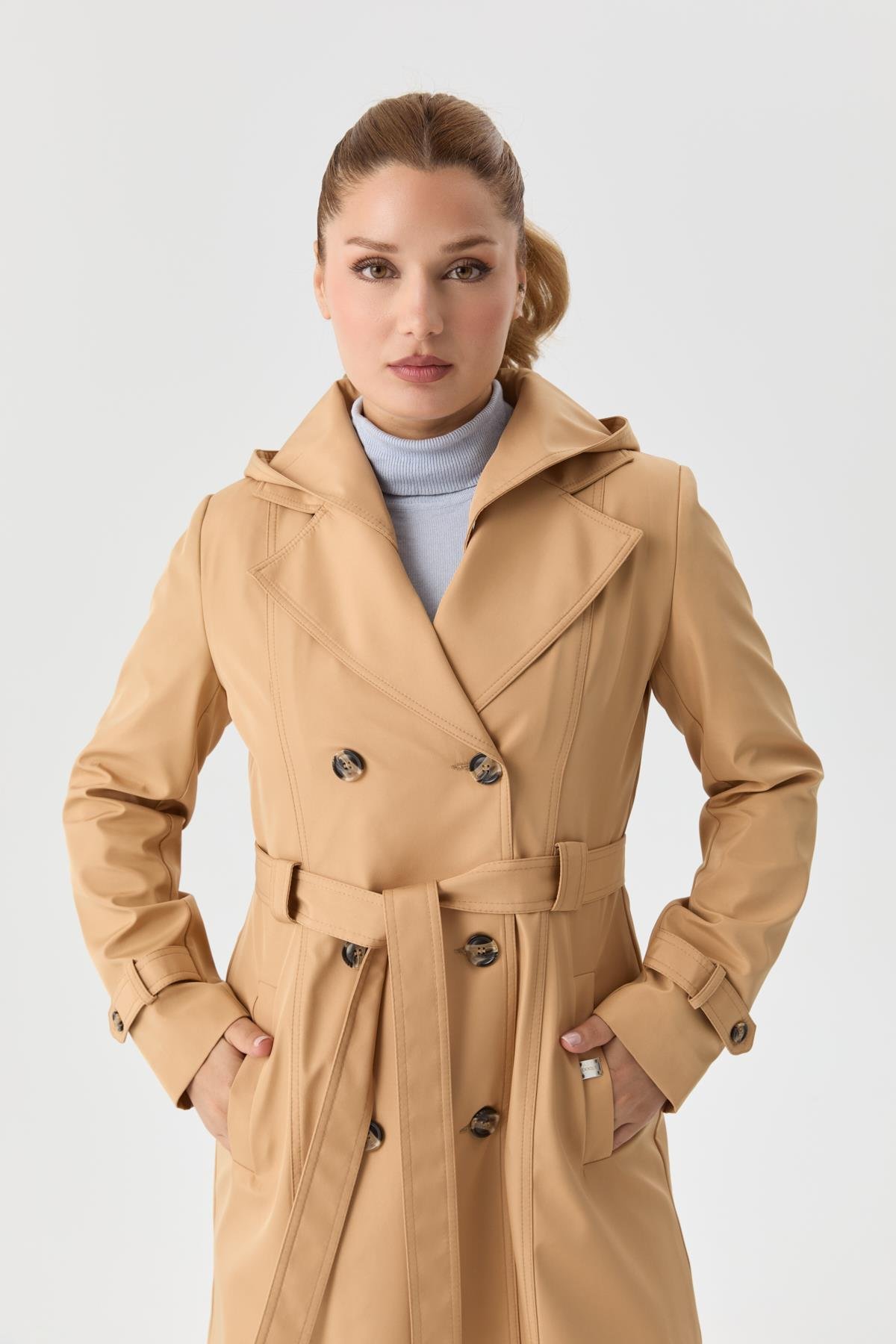 Doque Kadın Trençkot Çift Düğme İçi Kürkü Astarlı Mevsimlik Kışlık  Genç Spor Bej Taş  60040