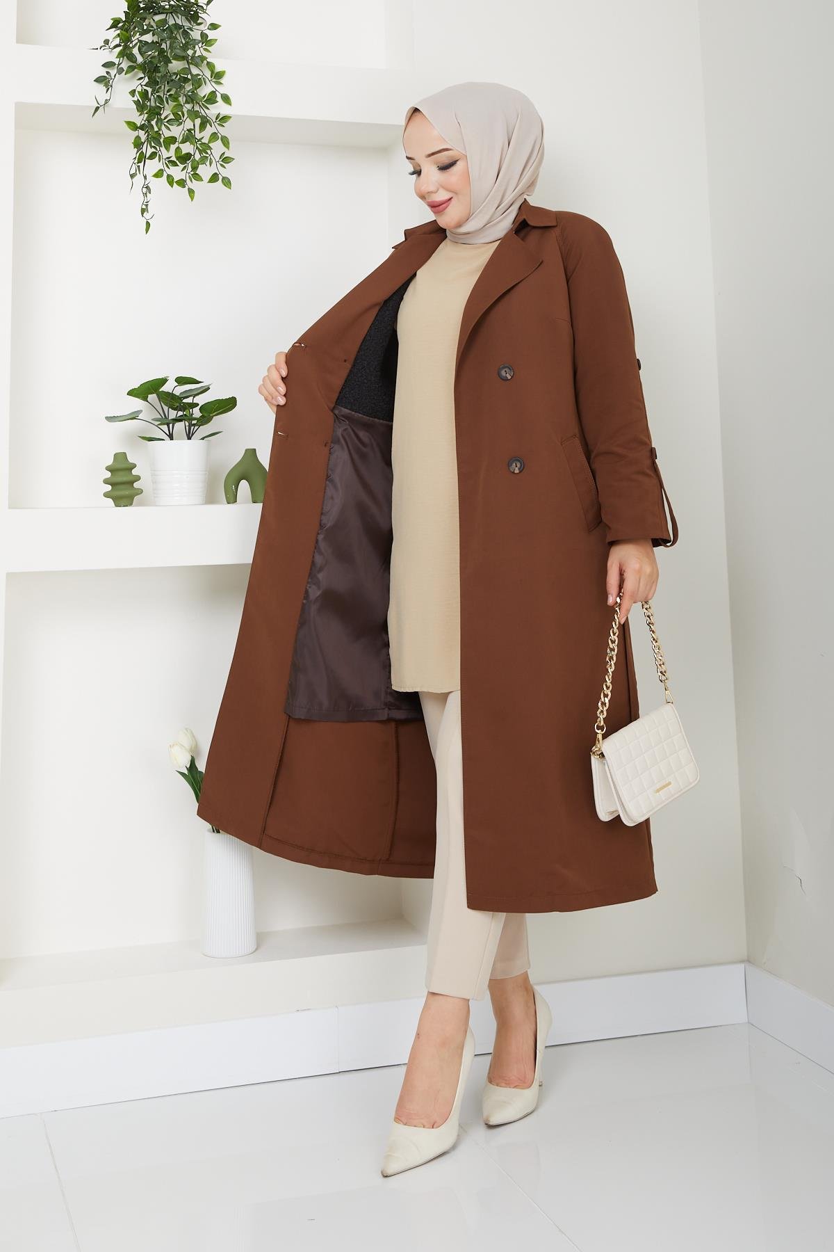 Günay Karaca Tesettür Mevsimlik Kışlık Kadın Trençkot İçi Kürklü Astarlı 20245