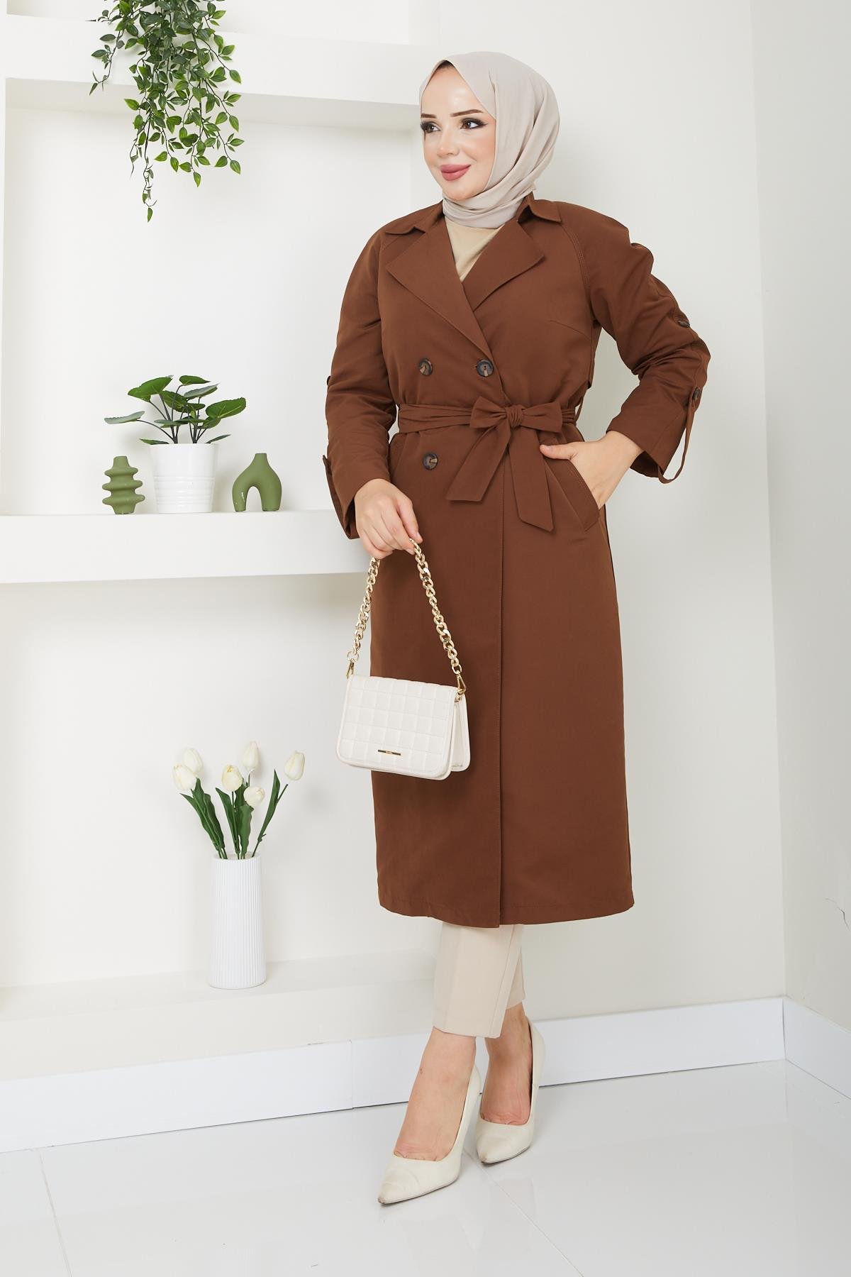 Günay Karaca Tesettür Mevsimlik Kışlık Kadın Trençkot İçi Kürklü Astarlı 20245