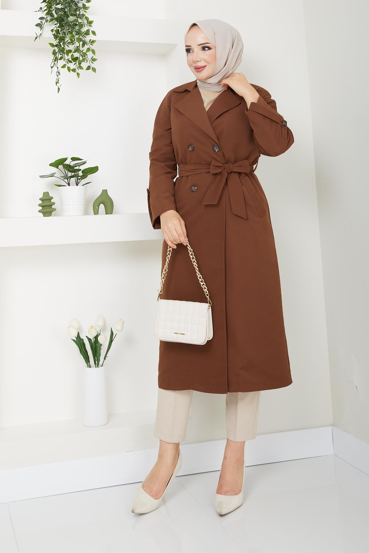 Günay Karaca Tesettür Mevsimlik Kışlık Kadın Trençkot İçi Kürklü Astarlı 20245