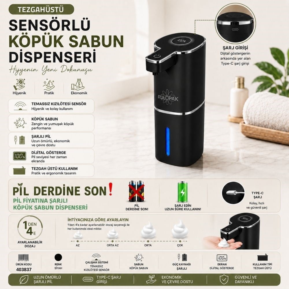 403837 Sensörlü Tezgahüstü Köpük Sabun Dispenseri Siyah