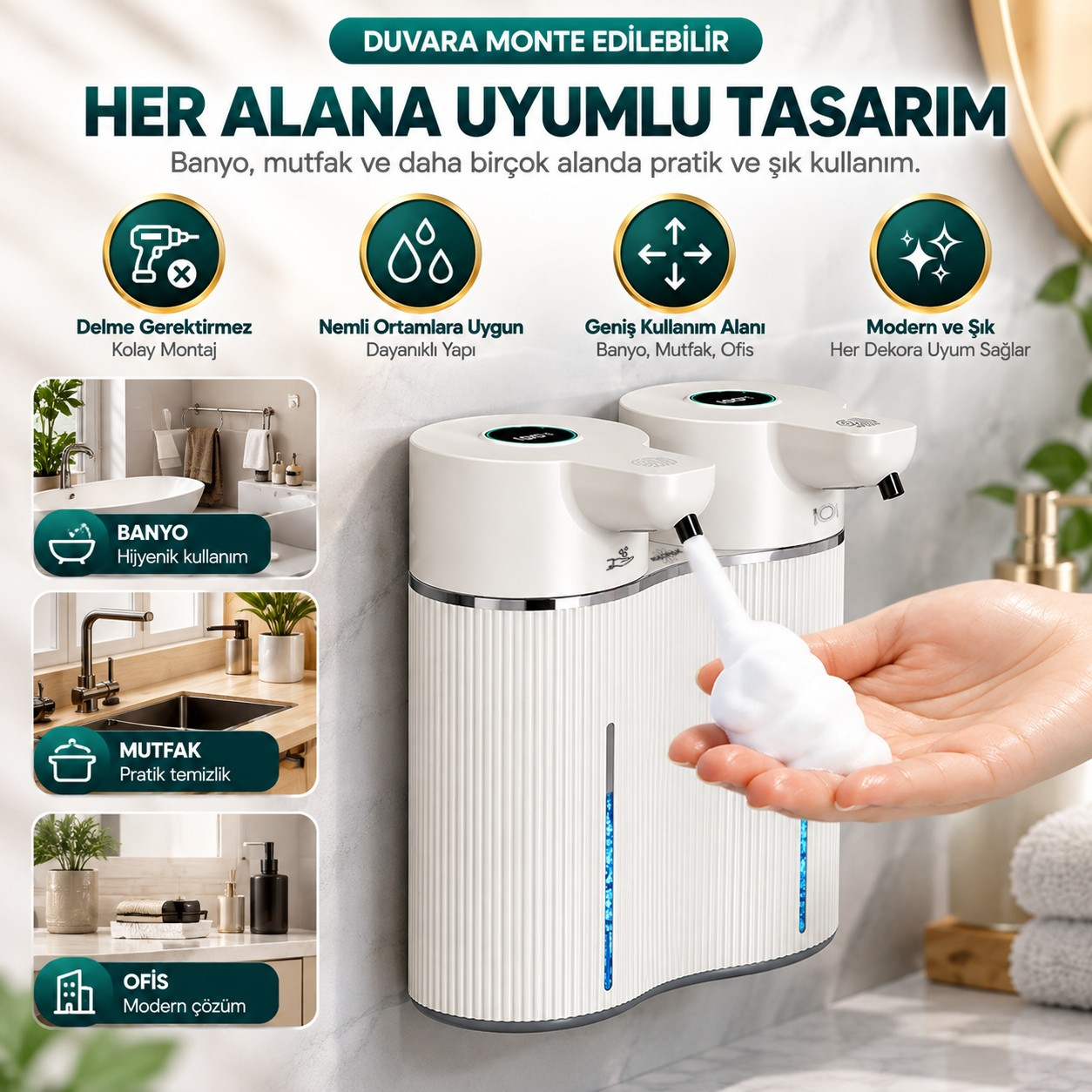 403842 Çift Hazneli Sensörlü Bulaşık Deterjanı ve Sıvı Sabun Dispeseri Beyaz