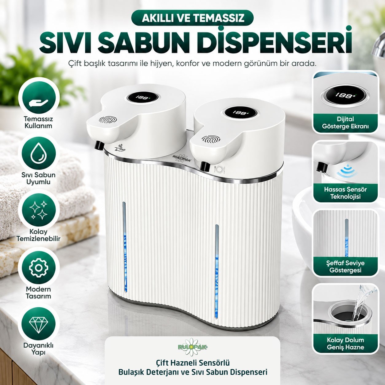 403842 Çift Hazneli Sensörlü Bulaşık Deterjanı ve Sıvı Sabun Dispeseri Beyaz