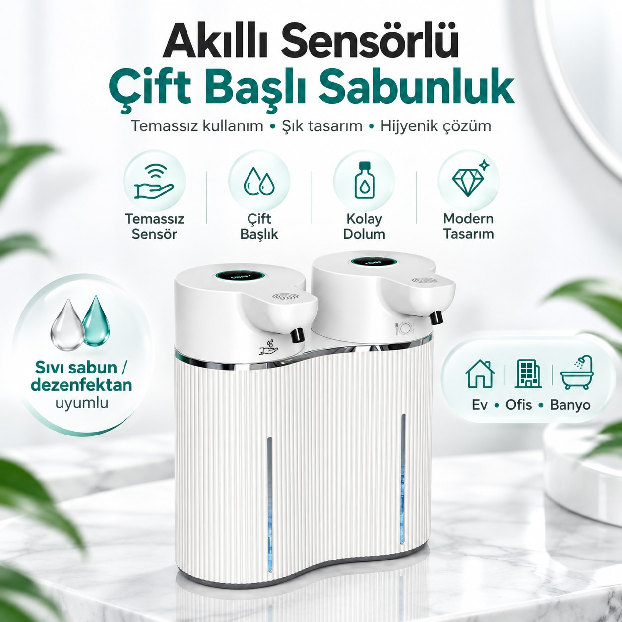 403842 Çift Hazneli Sensörlü Bulaşık Deterjanı ve Sıvı Sabun Dispeseri Beyaz
