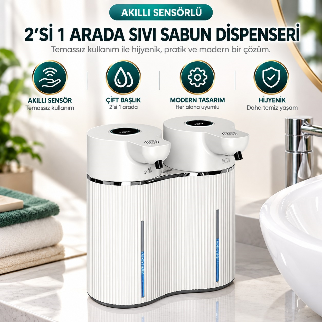 403842 Çift Hazneli Sensörlü Bulaşık Deterjanı ve Sıvı Sabun Dispeseri Beyaz