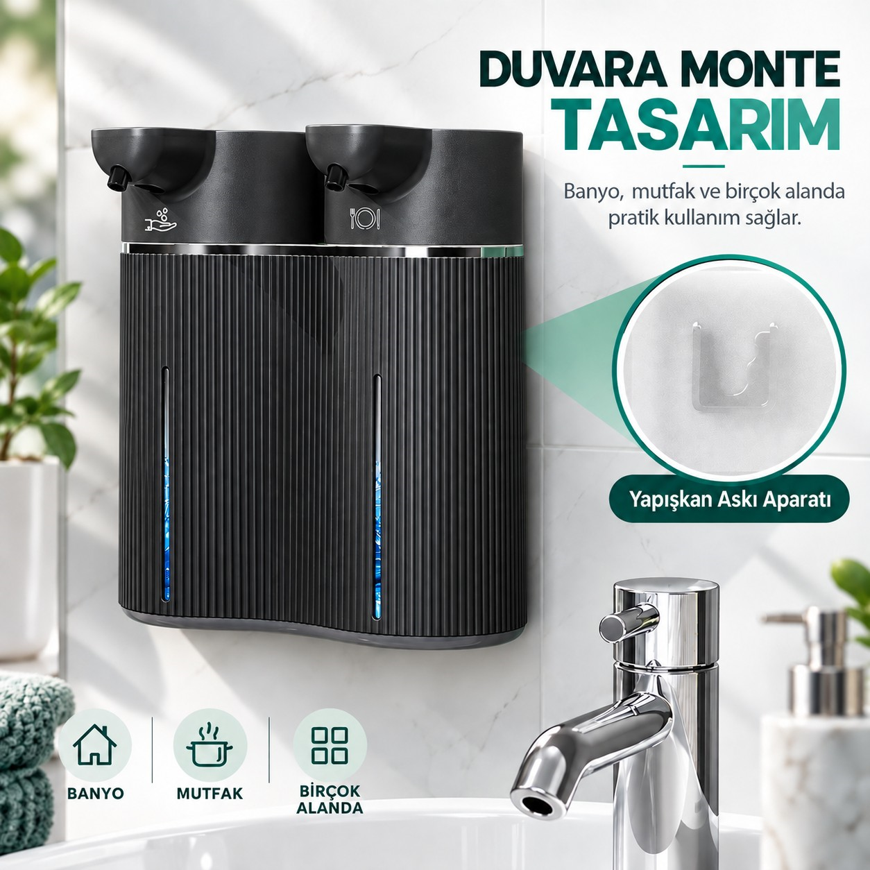 403843 Çift Hazneli Sensörlü Bulaşık Deterjanı ve Sıvı Sabun Dispenseri Siyah