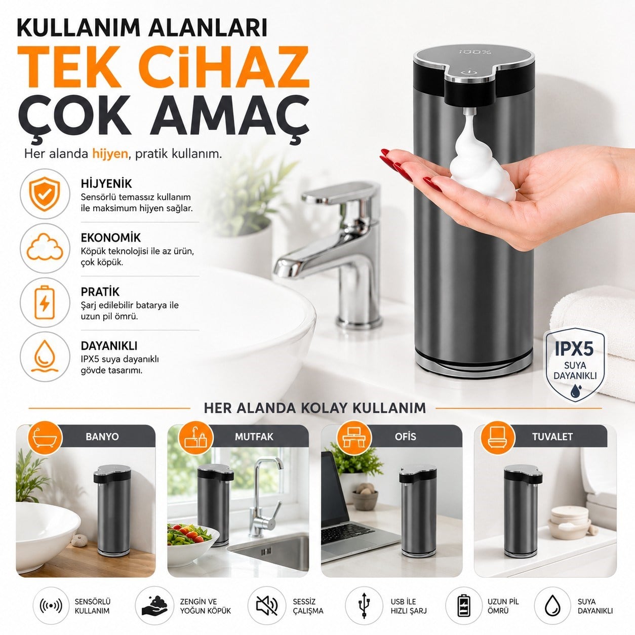 Paslanmaz Tezgahüstü Sensörlü Köpük Sabun Dispenseri