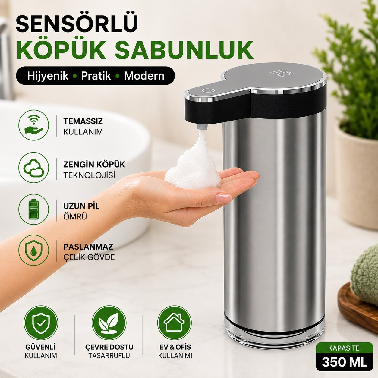 Paslanmaz Tezgahüstü Sensörlü Köpük Sabun Dispenseri