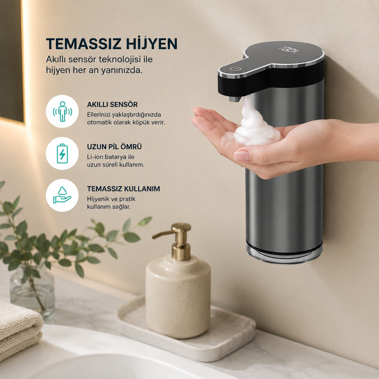 Paslanmaz Tezgahüstü Sensörlü Köpük Sabun Dispenseri