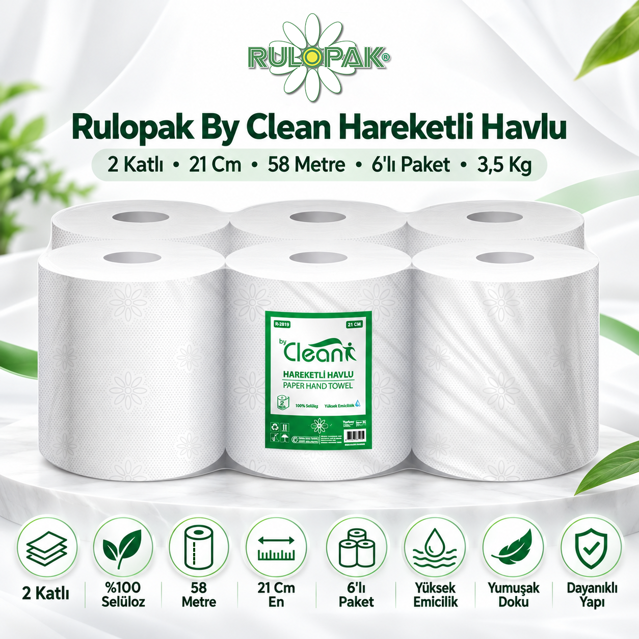 Rulopak By Clean Hareketli Havlu 2 Katlı 21 Cm 58 Metre 6'Lı Paket 3,5 Kg