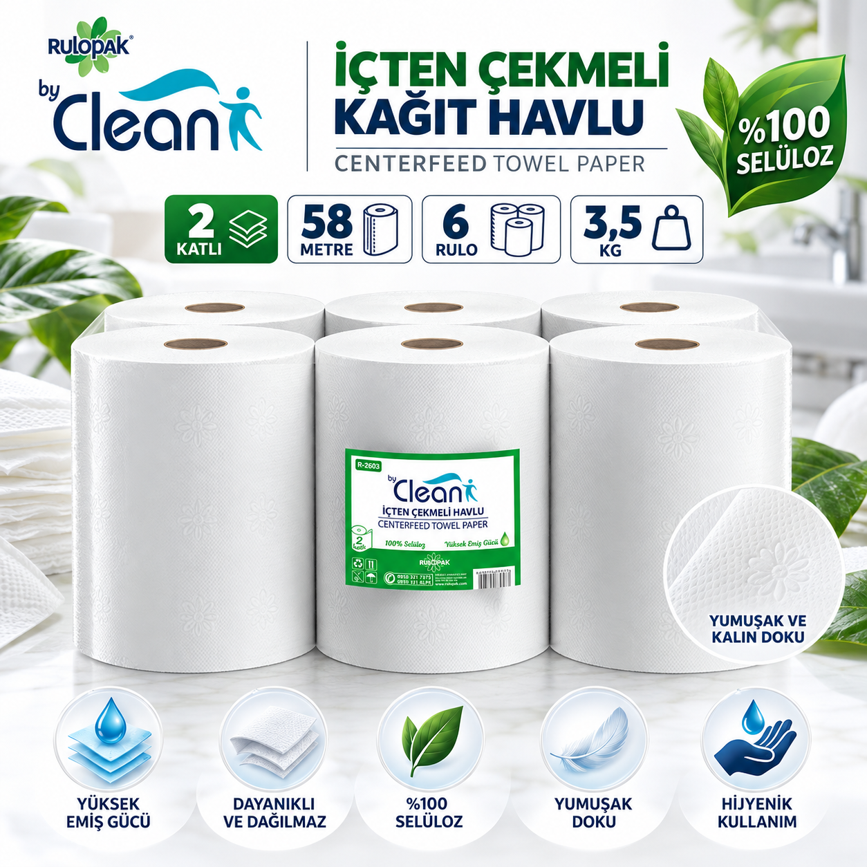Rulopak By Clean İçten Çekmeli Kağıt Havlu 2 Katlı  58M 6'Lı Paket 3,5 Kg