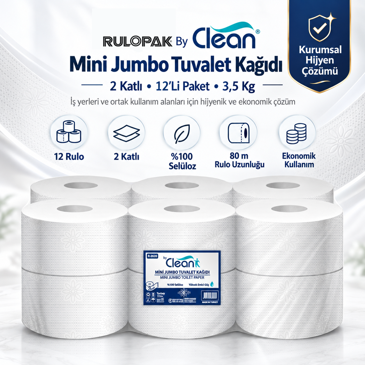 Rulopak By Clean Mini Jumbo Tuvalet Kağıdı 2 Katlı 12'Li Paket 3,5 Kg
