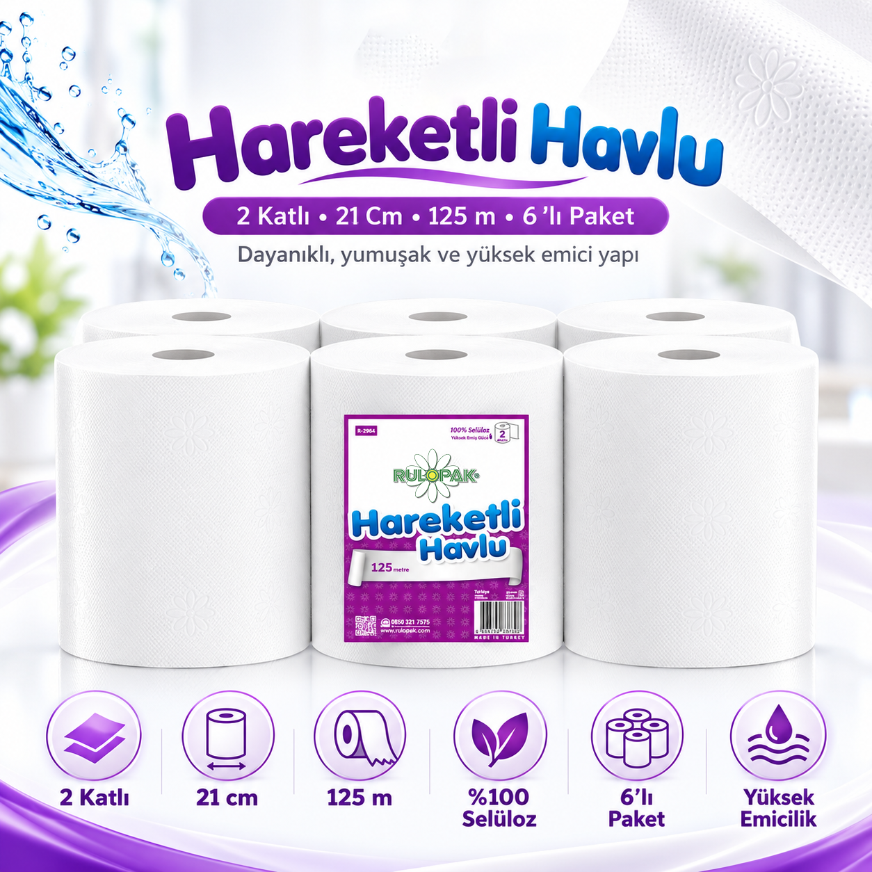 Rulopak Hareketli Havlu 2 Katlı 21 Cm 125m