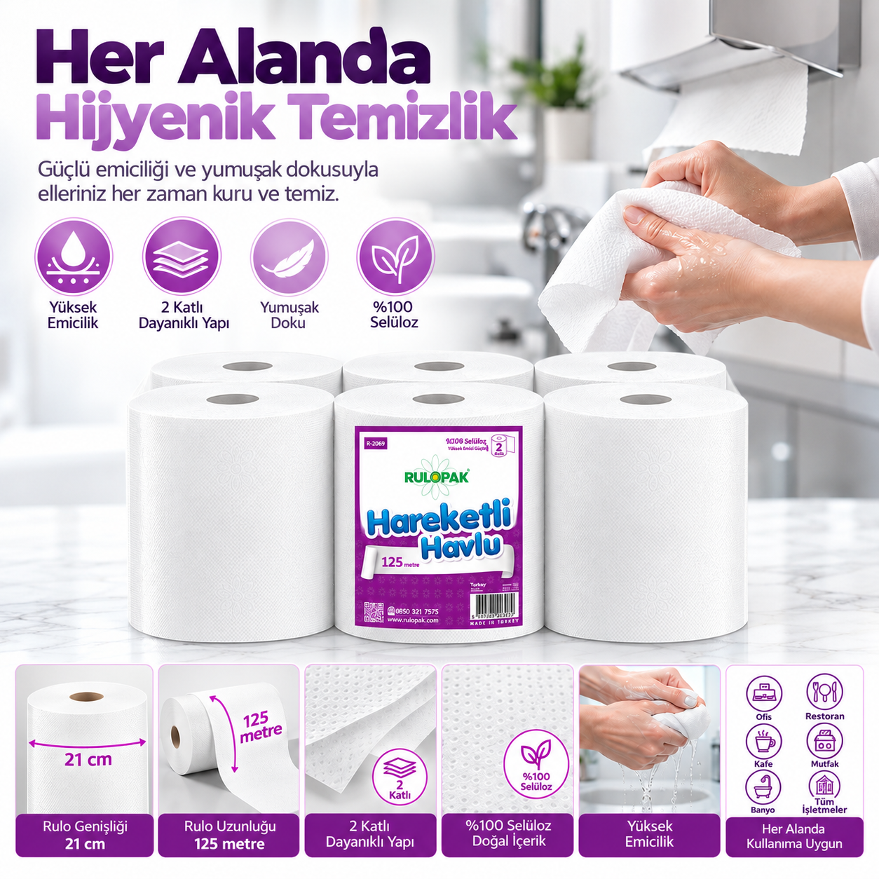 Rulopak Hareketli Havlu 2 Katlı 21 Cm 125m