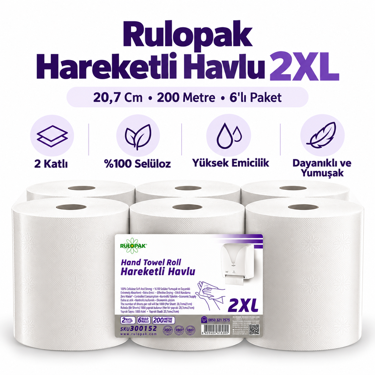 Rulopak Hareketli Havlu 2XL 20,7 Cm 200 Metre 6'Lı Paket