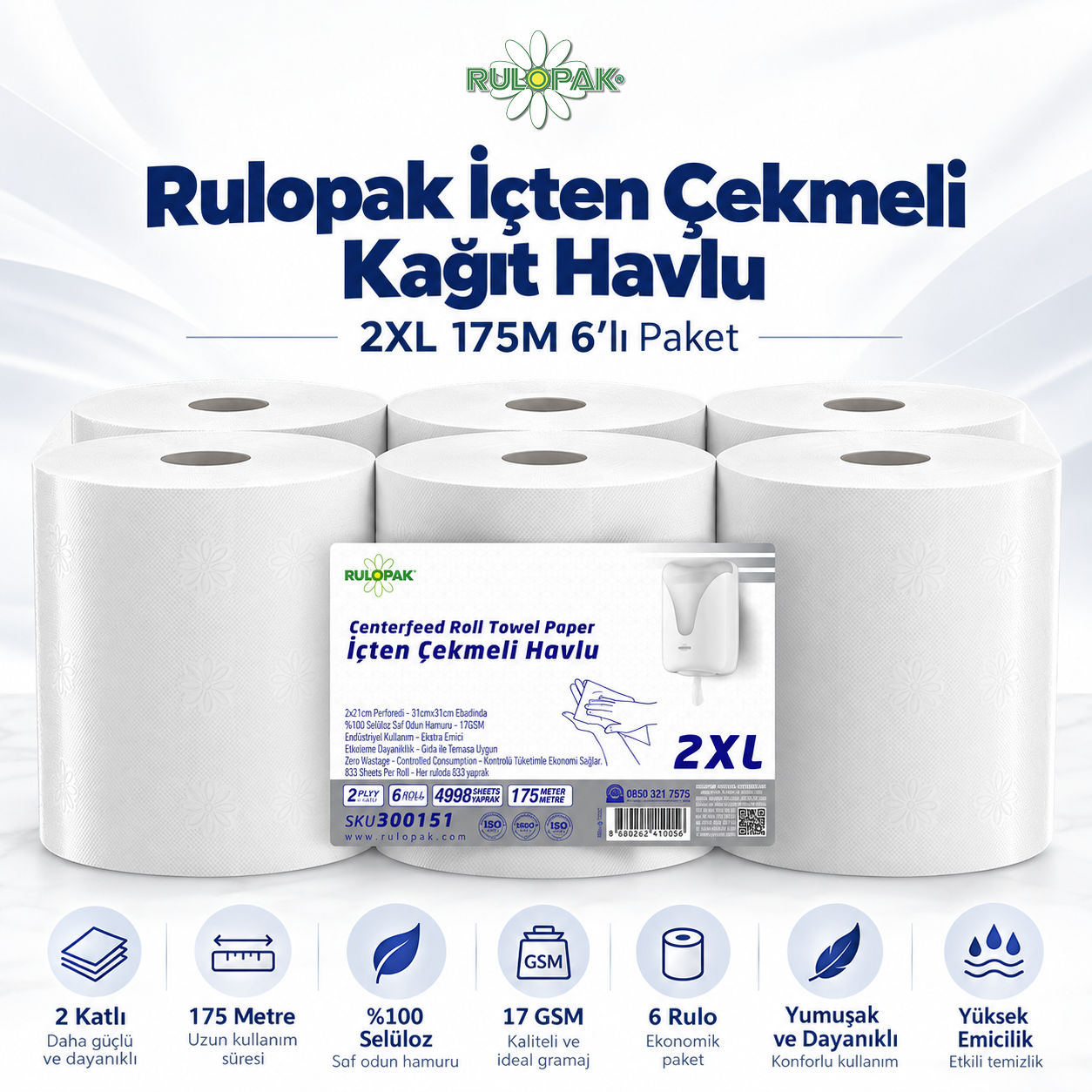 Rulopak İçten Çekmeli Kağıt Havlu 2XL 175M 6'Lı Paket