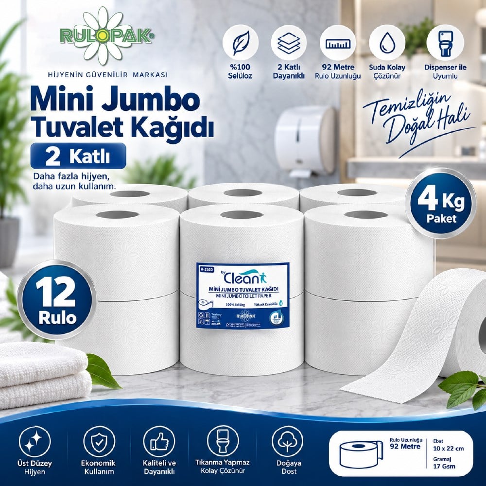 Rulopak Mini Jumbo Tuvalet Kağıdı 2 Katlı 12'Li Paket 4 Kg