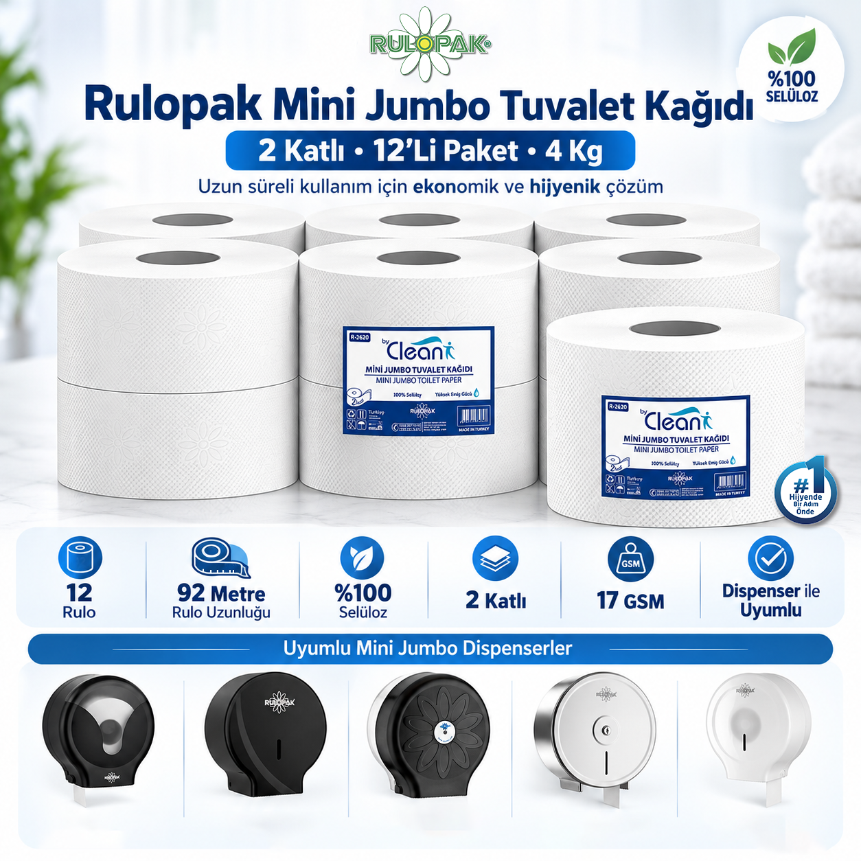 Rulopak Mini Jumbo Tuvalet Kağıdı 2 Katlı 12'Li Paket 4 Kg