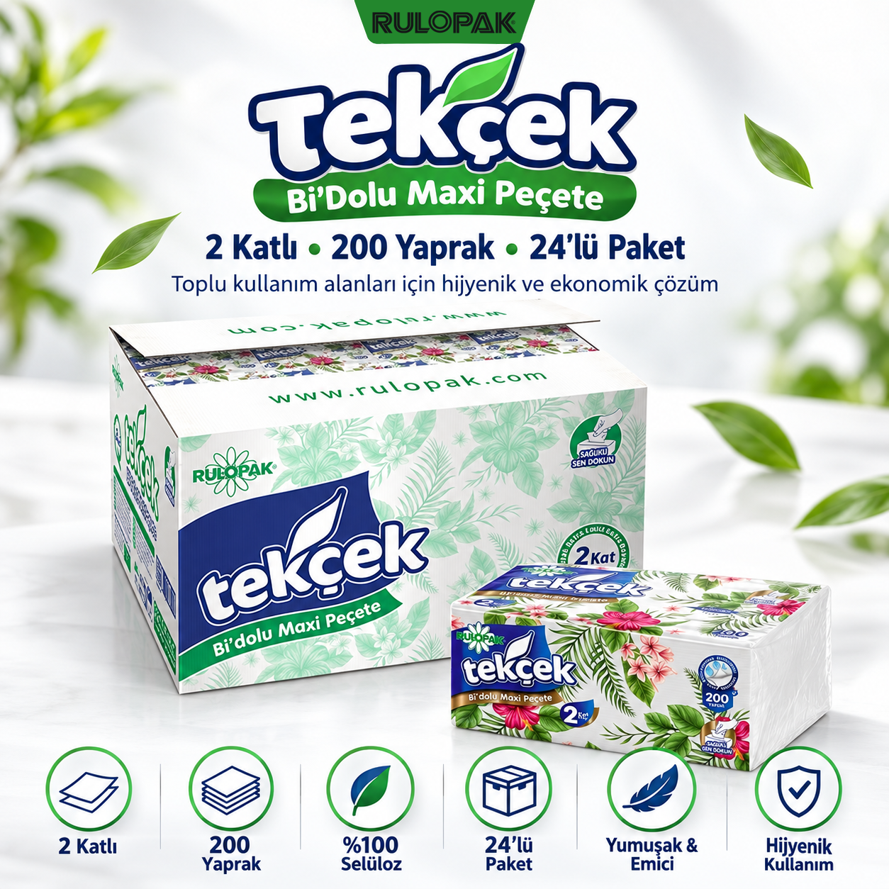 Rulopak Tekçek Bi'Dolu Maxi Peçete 2 Katlı 200 Yaprak 24'Lü Paket